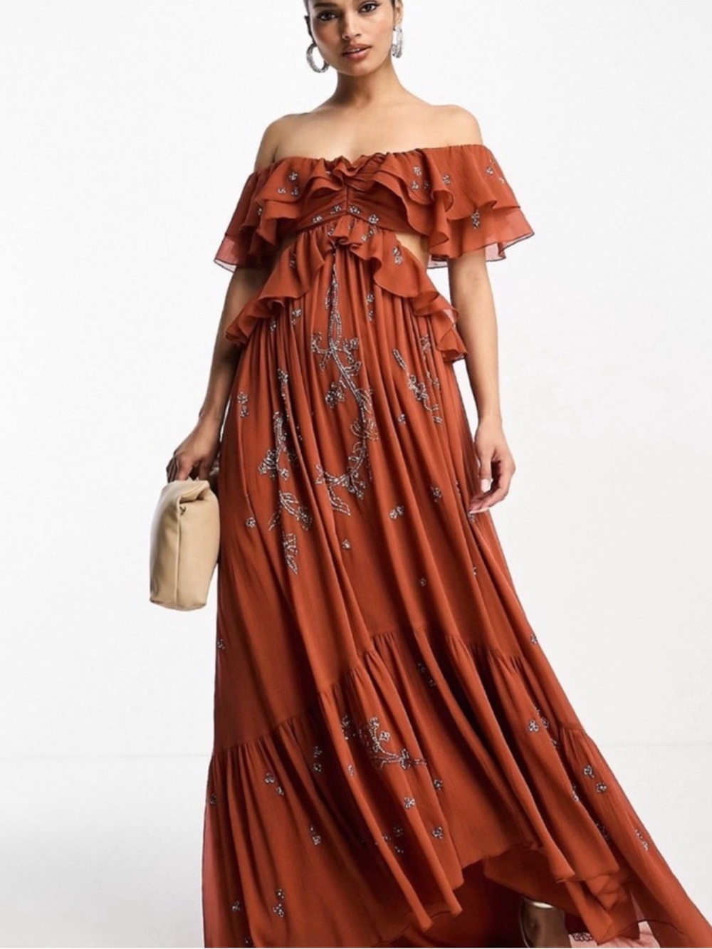 ASOS Rust Orange Off-Shoulder Ruffle Maxi Dress